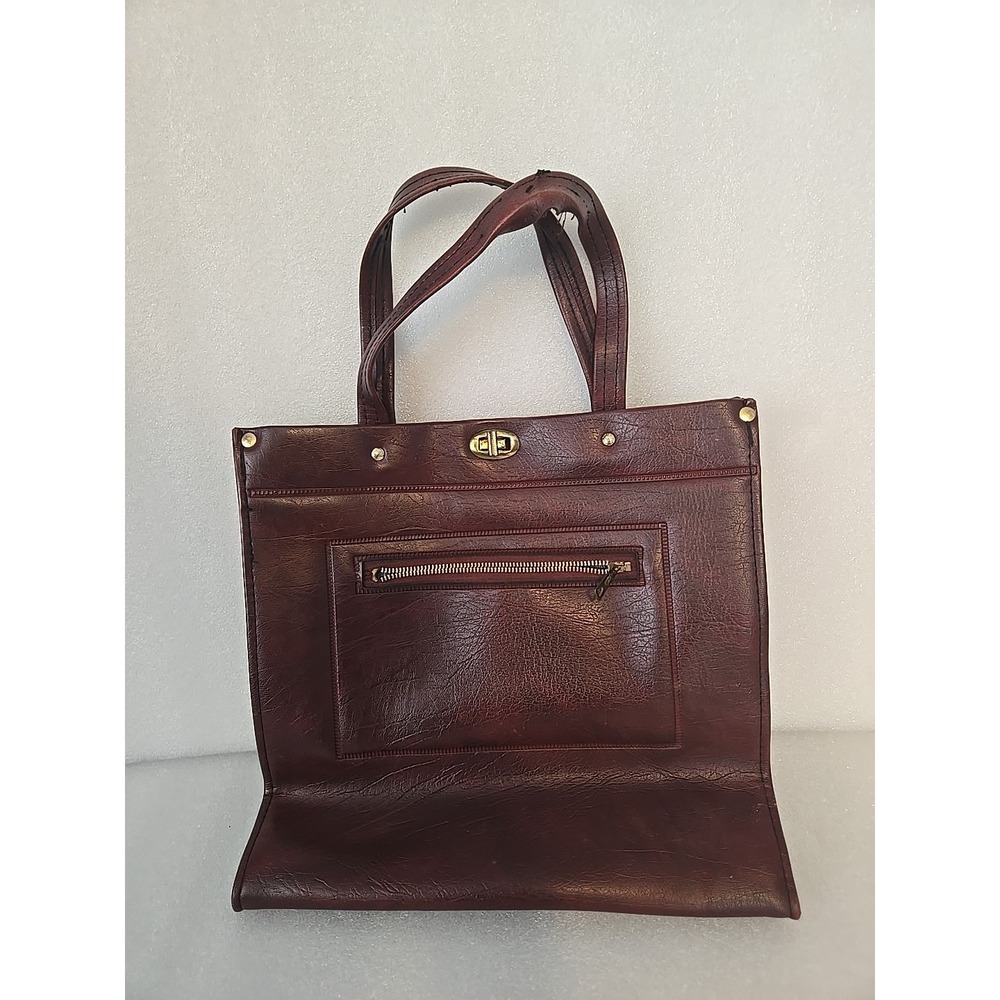 Vtg 1970's Zipped Pocket Handbag Red Bordeaux Leather Vinyl Purse Woman Classic